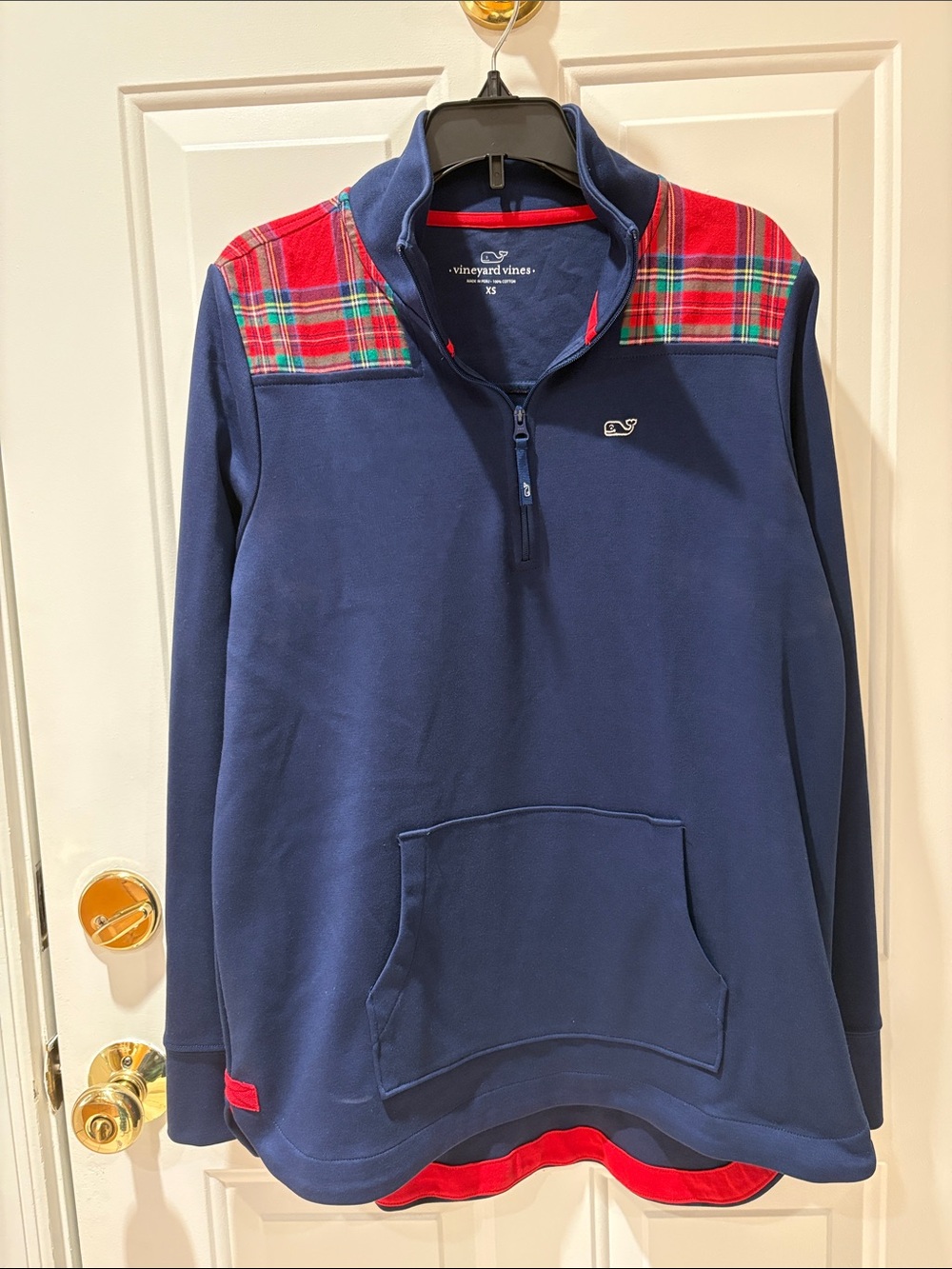 NWOT Woman’s Vineyard Vines Navy Quarter-Zip Pullover XS Red Tartan Shoulders